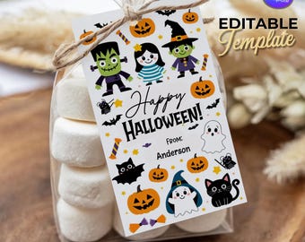 Happy Halloween Gift Tags: Trick or Treat Ghost Theme (Printable Favor Tags, Editable Canva Template, Personalized, Digital Download)