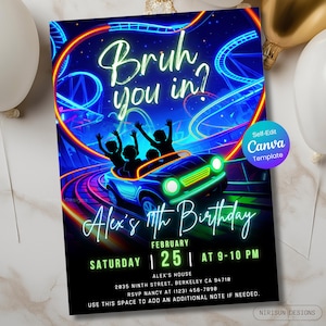 Roller Coaster Birthday Invitation, Theme Park Birthday Invitation, Amusement Park Party Invite, Editable Canva Template, Kids Invite Neon