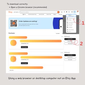 Op de afbeelding: Schermafbeelding met instructies voor het downloaden van Etsy-bestellingen. De afbeelding toont stappen op een website-interface. De tekst adviseert het gebruik van Chrome en een desktopcomputer.