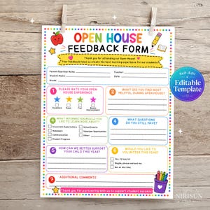 Könnte beinhalten: Ein farbenfrohes Feedback-Formular für einen Tag der offenen Tür mit einem regenbogenfarbenen Punktrahmen, einem roten Apfel, einem gelben Bleistift und einem violetten Stiftebecher. Das Dokument enthält sieben nummerierte Abschnitte mit Linien.