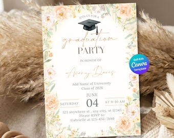 Wildflower Graduation Party Invitation, Graduation Party Invite, College Graduation, Floral Class of 2026 Invite, Editable Canva Template