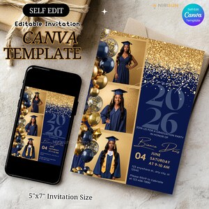 Navy Gold Graduation Invitation with Photo, Class of 2026 Grad Party Invite, Editable Canva Graduation Template, Senior Photo Graduation image 8