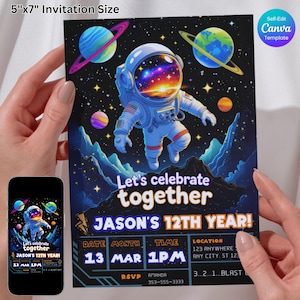 Invitation d'anniversaire dans l'espace, invitation à une fête de la galaxie astronaute, modèle de toile modifiable, téléchargement numérique, anniversaire de la galaxie de l'espace extra-atmosphérique