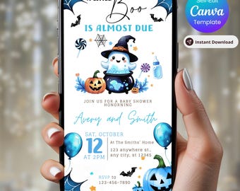 Blue A Little Boo is Almost Due Baby Shower Invitation, Cute Ghost Baby Shower Editable Halloween Template, Boy Baby Shower Digital Invite