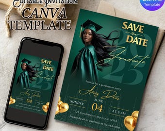 Invitación para guardar la fecha de graduación: elegante plantilla con foto verde y dorada, invitación digital editable para la fiesta de graduación de la clase de 2026 de la escuela secundaria.