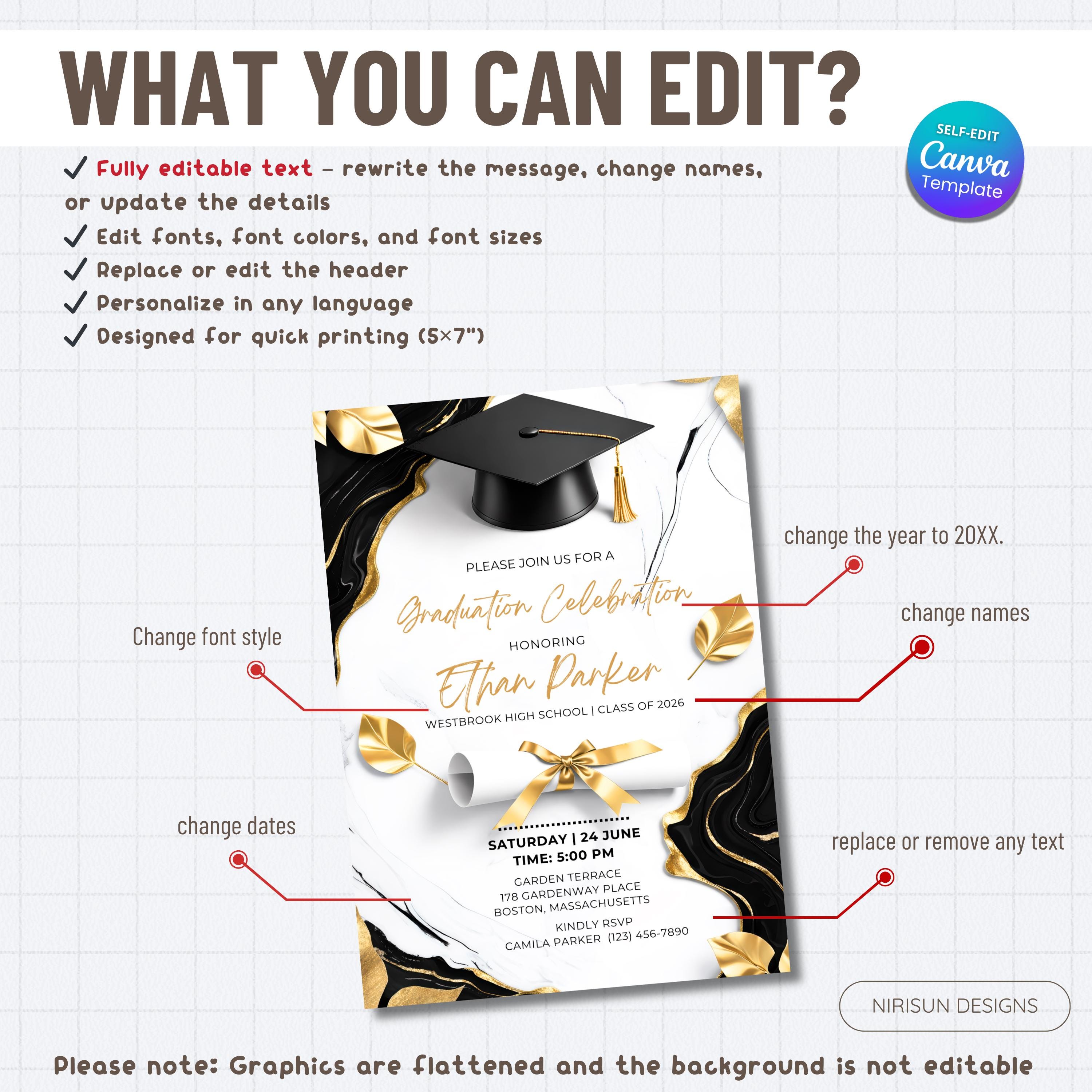 Black Gold Graduation Party Invitation, Class of 2026 Invite ...