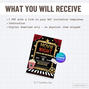 Op de afbeelding: Een digitale uitnodiging voor een filmavond met een zwart en goudkleurig tentontwerp. De uitnodiging bevat details voor een verjaardagsfeest, met een popcornemmer en een filmrolgrafiek. De tekst luidt "Movie Night" en "Alex's 6th Birthday".