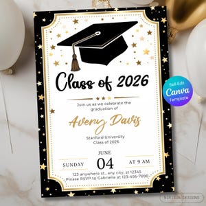Class of 2026 Graduation Invitation Template Black and Gold Cap Design, Grad Announcement, Editable Canva Grad Party Invite for High School