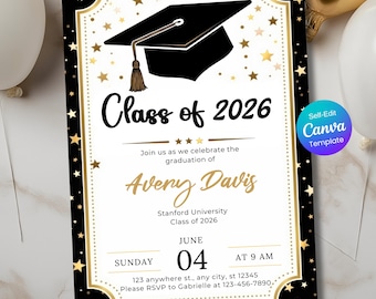 Class of 2026 Graduation Invitation Template Black and Gold Cap Design, Grad Announcement, Editable Canva Grad Party Invite for High School