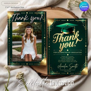 Plantilla de tarjeta de agradecimiento con foto de graduación de oro verde, regalo para fiesta de graduación de secundaria y universidad, clase editable de 2025, agradecimiento para graduados de secundaria