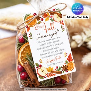 May include: A clear plastic bag filled with dried orange slices, cinnamon sticks, cranberries, and star anise, tied with twine and a rectangular tag. The tag features autumn illustrations and text: Cozy Fall Simmer pot, instructions, and Happy Fall.