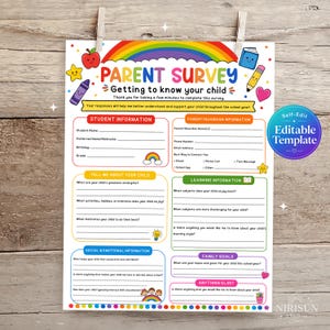 Może przedstawiać: Formularz ankiety dla rodziców zatytułowany Parent Survey Getting to know your child z kolorowym nagłówkiem w kształcie tęczy. Dokument zawiera sekcje dotyczące informacji o uczniu i rodzicach, celów edukacyjnych oraz różnych ikon.