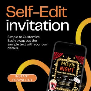 Op de afbeelding: Een zwarte smartphone toont een "Movie Night" uitnodiging met rode gordijnen, gouden accenten en popcorn. De uitnodiging is voor Alex' 6e verjaardag. Tekst: "Self-Edit invitation" en "Instant Download".