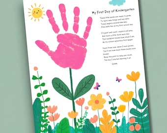 First Day of School Handprint Craft Printable, Preschool Pre-K Kindergarten First Grade Keepsake, Floral Memory Activity, Handprint Activity