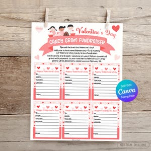 May include: A Valentine's Day Candy Gram fundraiser flyer in pink and red. The flyer has fields for recipients and senders, with the words "Happy Valentine's Day" and "Candy Gram Fundraiser". The flyer is attached to a wooden surface with a clothes peg.