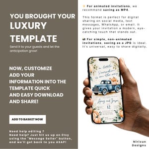 May include: A smartphone displays a digital invitation with a blue truck carrying pumpkins, text that reads "A little pumpkin is on the way," and event details. The invitation is a template for customization.