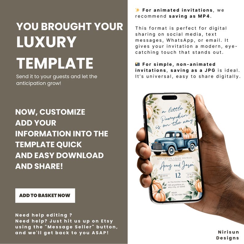 May include: A smartphone displays a digital invitation with a blue truck carrying pumpkins, text that reads "A little pumpkin is on the way," and event details. The invitation is a template for customization.