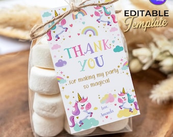 Unicorn Favor Tags: Magical Rainbow Birthday Thank You Labels, Editable Canva Template, Pink Pastel Girl Party Gift Tags, Printable Download