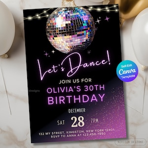 Invito di compleanno in stile discoteca, invito alla festa al neon "Let's Dance", tema palla da discoteca per 30°, 40° e 50° compleanno, modello Canva modificabile, qualsiasi età