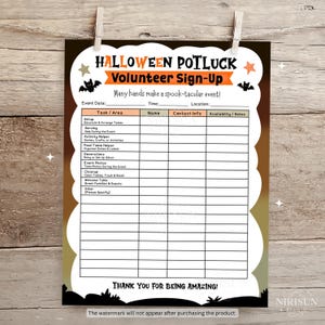 Peut inclure: Une feuille d'inscription pour bénévoles de potluck d'Halloween avec une bordure blanche festonnée, du texte orange et noir, et des illustrations de chauves-souris. Le formulaire inclut des colonnes pour la tâche, le nom, les coordonnées et notes.