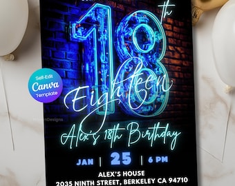 18th Birthday Invitation – Blue & Teal Neon Glow Party for Teens, Editable Canva Template, Digital Download, Printable Neon Teen Invite