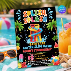 May include: A black invitation with the words "SPLISH, SPLASH" in colorful letters, featuring a water slide graphic. The invitation is for a "BACKYARD WATER SLIDE BASH!" for Jason's 7th birthday, with event details and RSVP information.