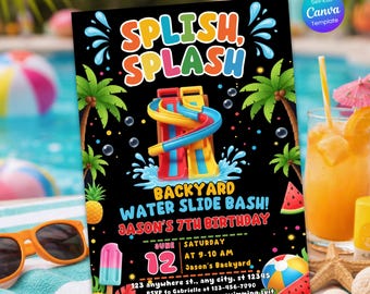 Waterslide Birthday Invitation Template Editable in Canva, Water Slide Invitation, Splash Pool Party Invite for Boy Girl, Summer Water Bash