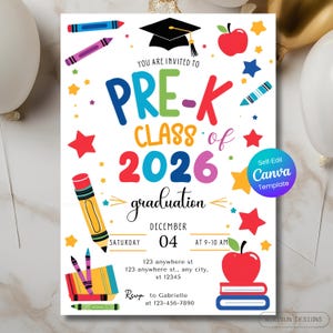 Invitación de graduación de preescolar, invitación de anuncio de preescolar, invitación de graduación de preescolar, plantilla editable de Canva para niños graduados de preescolar de la clase de 2026