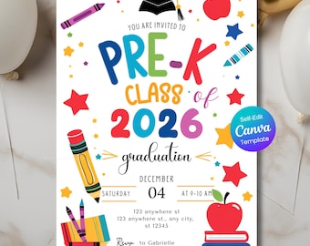 Pre-K Graduation Invitation, PreK Announcement Invite, Preschool Graduation Invite, Canva Editable Template Class of 2026 Preschool Grad kid