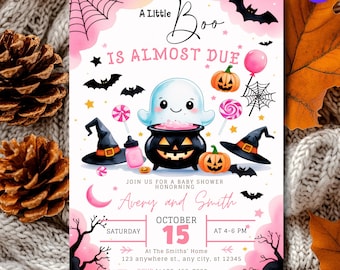 Zaproszenie na baby shower Pink A Little Boo jest prawie gotowe, uroczy duchowy szablon na halloweenowy baby shower, cyfrowe zaproszenie na baby shower dla dziewczynki