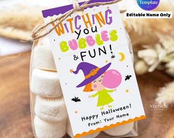 Halloween Bubble Gift Tag, Witch Bubble Wand Treat Tags for Kids, Editable Name Halloween Classroom Favors, Printable Halloween Tags