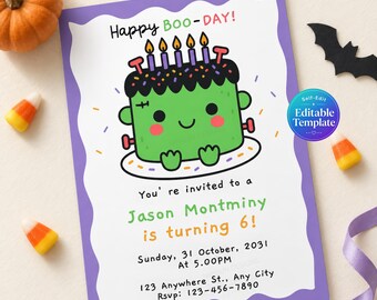 Halloween Birthday Invitation Editable Template, Cute Monster Cake Party Invite, Printable Invitation, Halloween Party, October Birthday