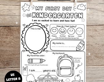 My First Day of Kindergarten Coloring Page, First Day of School Printable, Back to School Activity Sheet, All About Me Worksheet PDF