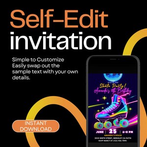 Editable roller skate birthday invitation with neon glow design and disco ball. Canva template for kids or teen party printable digital download. roller skate birthday, neon birthday invite, skate party invitation, editable invite, Canva template, disco birthday invite, glow party invitation, girls birthday invite, boys birthday invite, printable invite, kids birthday invite, teen party invitation, roller rink invite