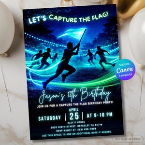 May include: A birthday party invitation with a Capture the Flag theme. The design features silhouetted figures running under a starry night sky, with the text "Let's Capture the Flag!" and "Jason's 12th Birthday". Includes event details.