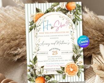 Orange Citrus Gender Reveal Invitation, Neutral Little Cutie Baby Shower Invite, He or She Citrus Theme, Editable Template, Digital Download