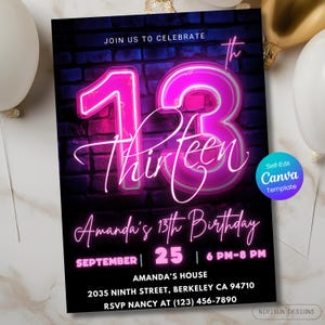 13th Birthday Invitation – Neon Pink Glow Party for Girls, Editable Canva Template, Digital Download, Printable Teen Birthday Party Invite