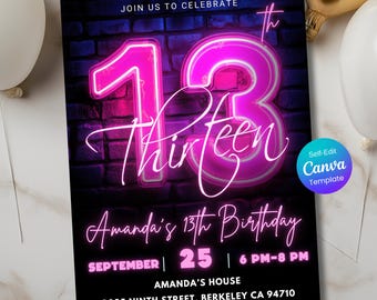 Invito per il 13° compleanno - Festa rosa neon per ragazze, modello Canva modificabile, download digitale, invito stampabile per la festa di compleanno di un'adolescente