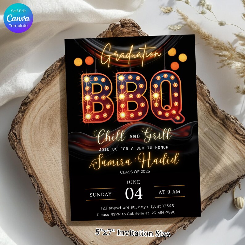 graduation bbq invite, chill and grill template, editable grad party card, canva bbq invitation, backyard grad party invite, printable bbq invite, fun graduation template, neon bbq invitation, grad party cookout card, class of 2025 invite, graduation cookout invite, self edit bbq invite, casual grad celebration, bbq party invitation, graduation party, bbq invitation, graduation dinner, chill and grill, celebrate the grad, graduation bbq, graduation cookout, barbecue invitation, grad party evite