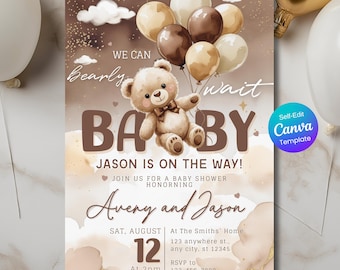Gender Neutral Bear Baby Shower Invitation, We Can Bearly Wait Brown Boho Teddy Bear Invite, Editable Template Printable Balloon Baby Shower