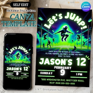 Trampoline Park Birthday Invitation, Neon Jump Party Card for Kids, Editable Canva Template, Digital Download, High-Flying Action Party Card