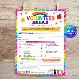 Formulario de inscripción para voluntarios imprimible, formulario para voluntarios escolares, hoja de ayudantes de clase, voluntarios padres, plantilla editable, formulario de regreso a clases