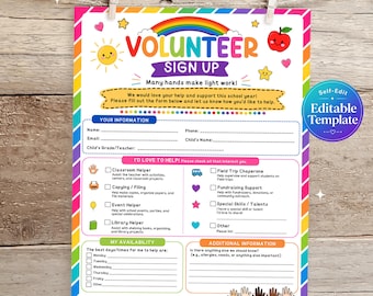 Volunteer Sign Up Form Printable, School Volunteer Form, Classroom Helper Sheet, Parent Volunteer, Editable Template, Back To School Form