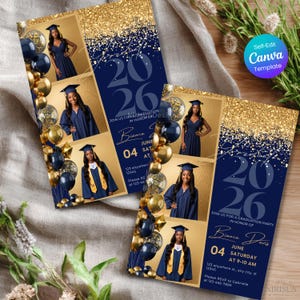 May include: Two graduation party invitations with a navy blue and gold glitter design. Each invitation features photos of a graduate, the year 2026, and event details. The text includes "Join us for a graduation party in honor of Bianca Davis."