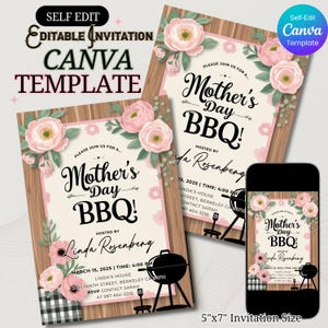 Bearbeitbare Muttertags-Grilleinladungsvorlage, Blumen-Picknick-Hinterhofparty Evite, Canva Invite, digitaler Download für Mütter, Frühlingskochparty