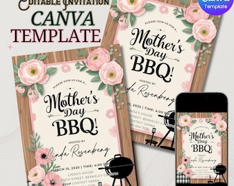 Editable Mother’s Day BBQ Invitation Template, Floral Picnic Backyard Party Evite, Canva Invite, Digital Download for Moms, Spring cookout