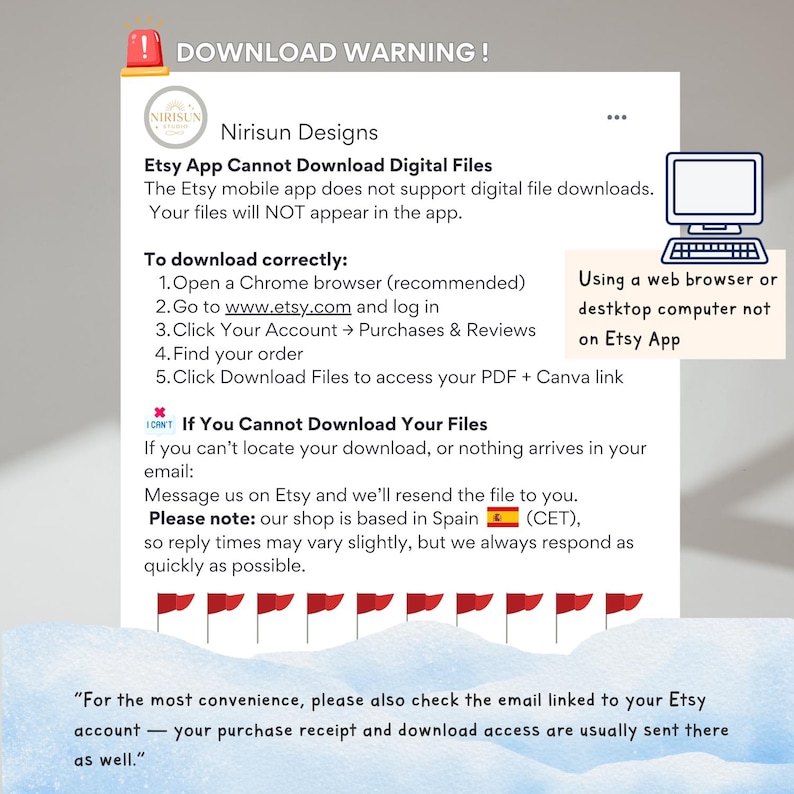May include: An informational graphic titled DOWNLOAD WARNING! from Nirisun Designs explaining that the Etsy mobile app does not support digital file downloads. It provides instructions to use a web browser or desktop computer to access files via the Purchases and Reviews section, and offers support if download issues occur.