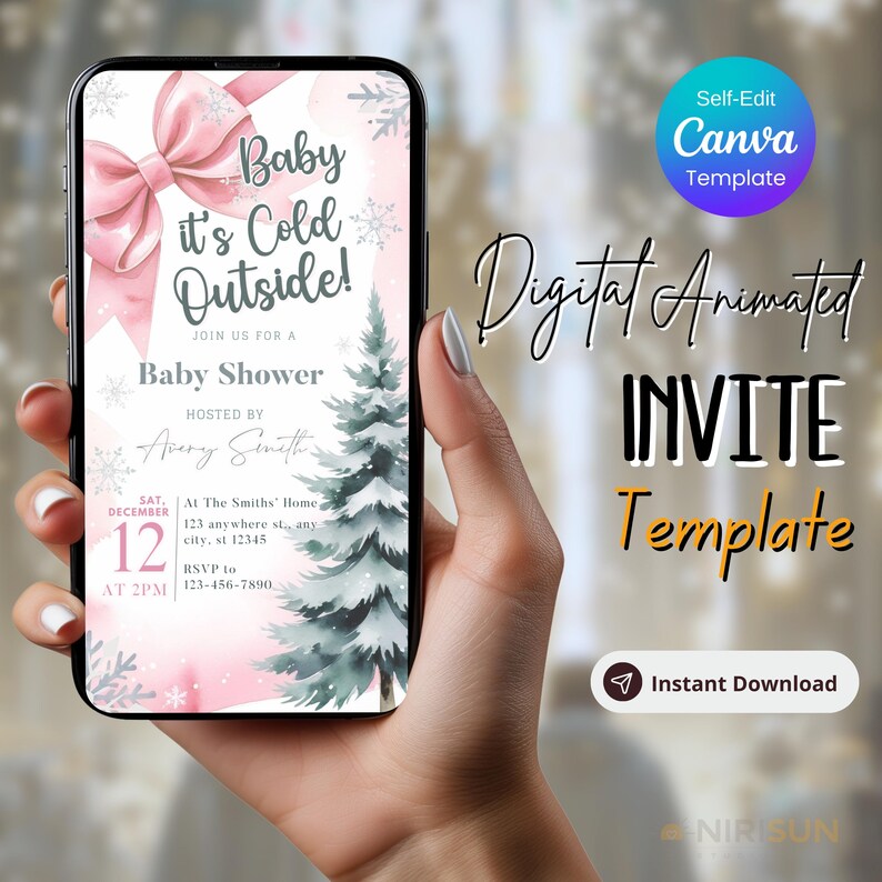 K&ouml;nnte beinhalten: Eine digitale, animierte Babyparty-Einladungsvorlage, die in einer Hand gehalten wird. Die Einladung zeigt eine rosa Schleife, Schneeflocken und ein Weihnachtsbaum-Design. Der Text enth&auml;lt "Baby it's Cold Outside!" und "Invite Template".