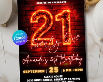 21st Birthday Invitation – Neon Red Glow Party Template, Editable Canva Design, Red & Black Glitter Glam, Digital Download, Printable Invite