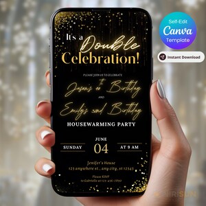 Può includere: Uno schermo nero di smartphone mostra un invito digitale per una doppia celebrazione, tra cui un compleanno e un'inaugurazione. Il testo è dorato, con un effetto glitter dorato. L'invito è tenuto da una persona.
